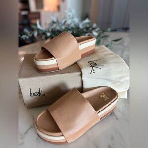 beek Tan and White Platform Slide Sandals